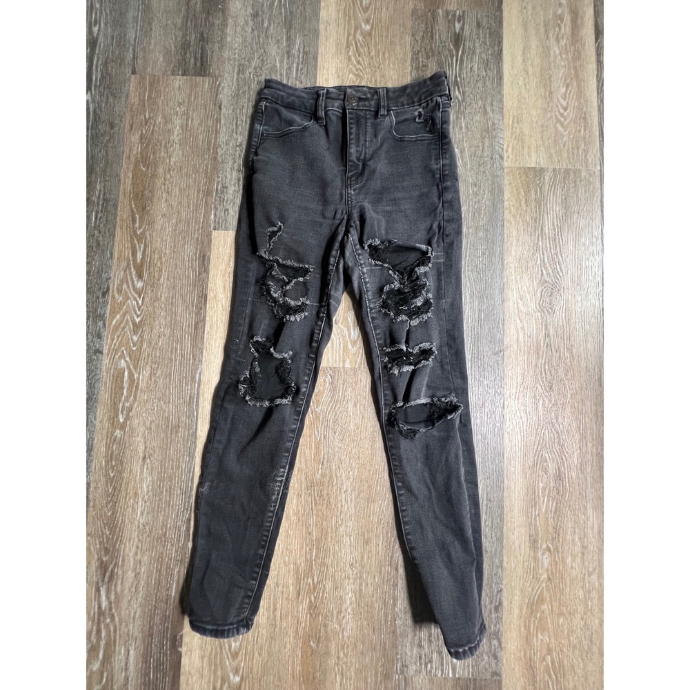 American‎ Eagle Jegging Women 8 Black High Rise Distressed Ripped Skinny Jeans